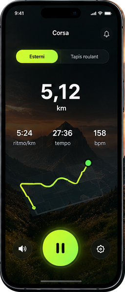 Schermata Corsa di Loop Coach con distanza, ritmo, tempo e frequenza cardiaca
